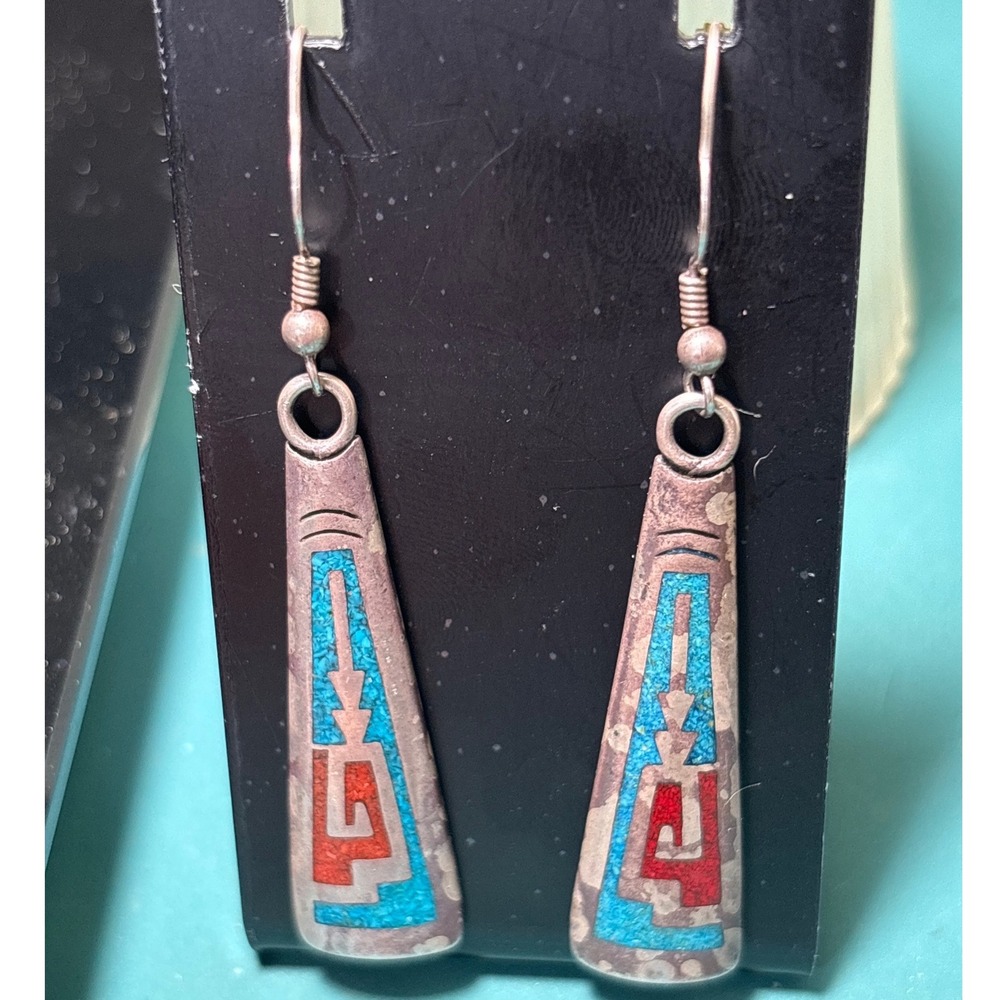 Navajo Sterling Silver Turquoise Coral Inlay Dangle Earrings by Joleen Yazzie